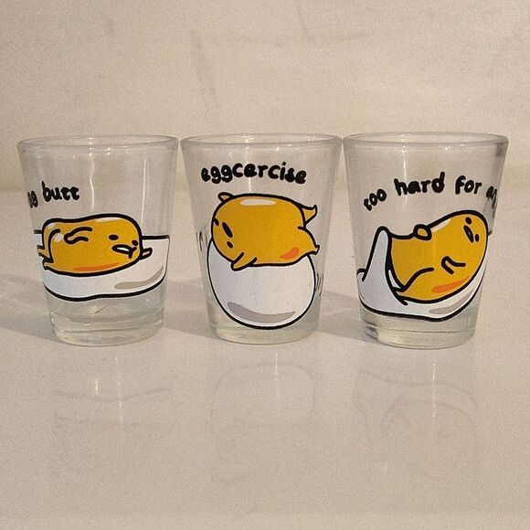 Sanrio Hello Kitty Guadetama Lazy Egg Mini Shot Glasses Set Of 3 - Picture 6 of 10